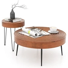 Farmhouse round coffee table set of 2, rustic sofa side tea tables w/w