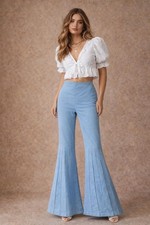 Light Blue Pleated Flare Pants Wide Leg Statement Hem Vintage Deadstock New sz S