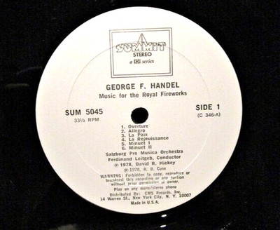 1978 George Handel Royal Fireworks &Trumpet Suite CMS Records SUM5045 33RPM VG