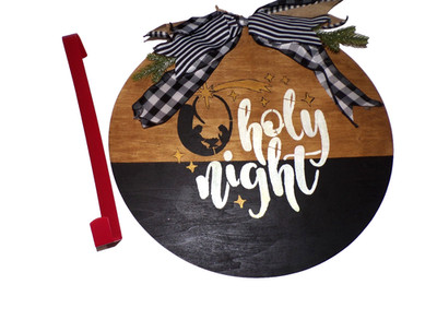 HOLY NIGHT 18-inch Round WOOD Sign with ribbon bow & garland hanger included js1