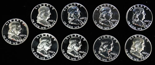 1962 FRANKLIN HALF DOLLAR LOT OF 9 COINS GEM PROOF + CAMEO's