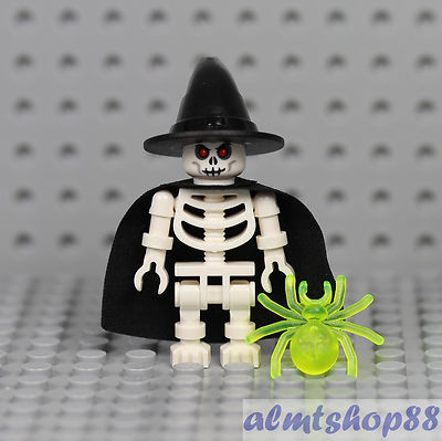 LEGO Skeleton Witch Minifigure w/ Trans Neon Green Spider Skull Hat  Halloween