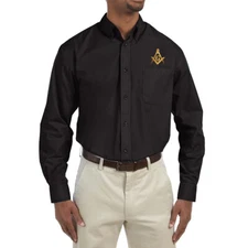 Gold Square & Compass Embroidered Masonic Men's Poplin Button Down Dress Shirt