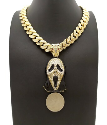 Scream Mask Pendant Halloween 12mm/18'',20'' Box Lock Cuban Chain Necklace RC3975