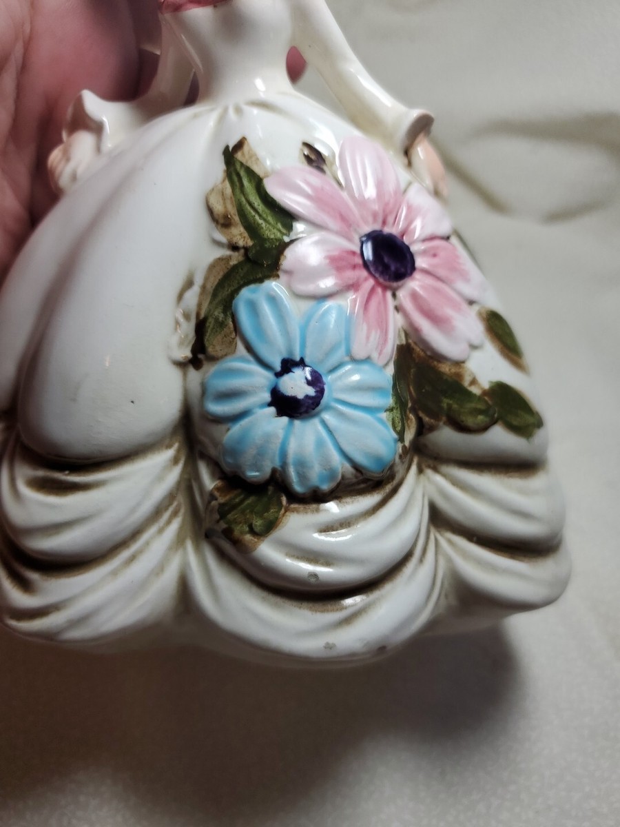 Vntg Lefton China Pony Tail Girl Figural Planter Pink & Blue