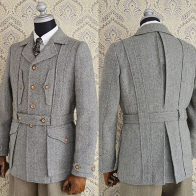 Gray Tweed Men's Safari Jacket with Belt Herringbone Wedding Hunting Coat  Pant