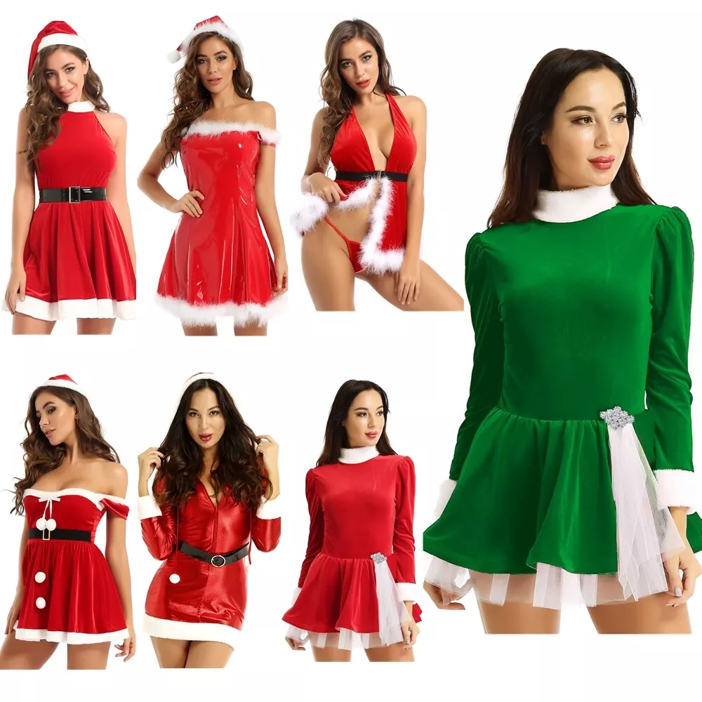 Femme Robe de Noël Velours Déguisement Mère Noël Cosplay Fête Robe