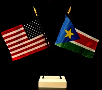 1 American & 1 Country Mini Rayon 4''x6'' Desk Flag Set with Crossed 2-Hole Base