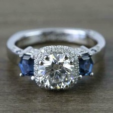 Engagement Ring 3.20Ct Simulated Diamond & Blue Sapphire 14k White Gold Size 9