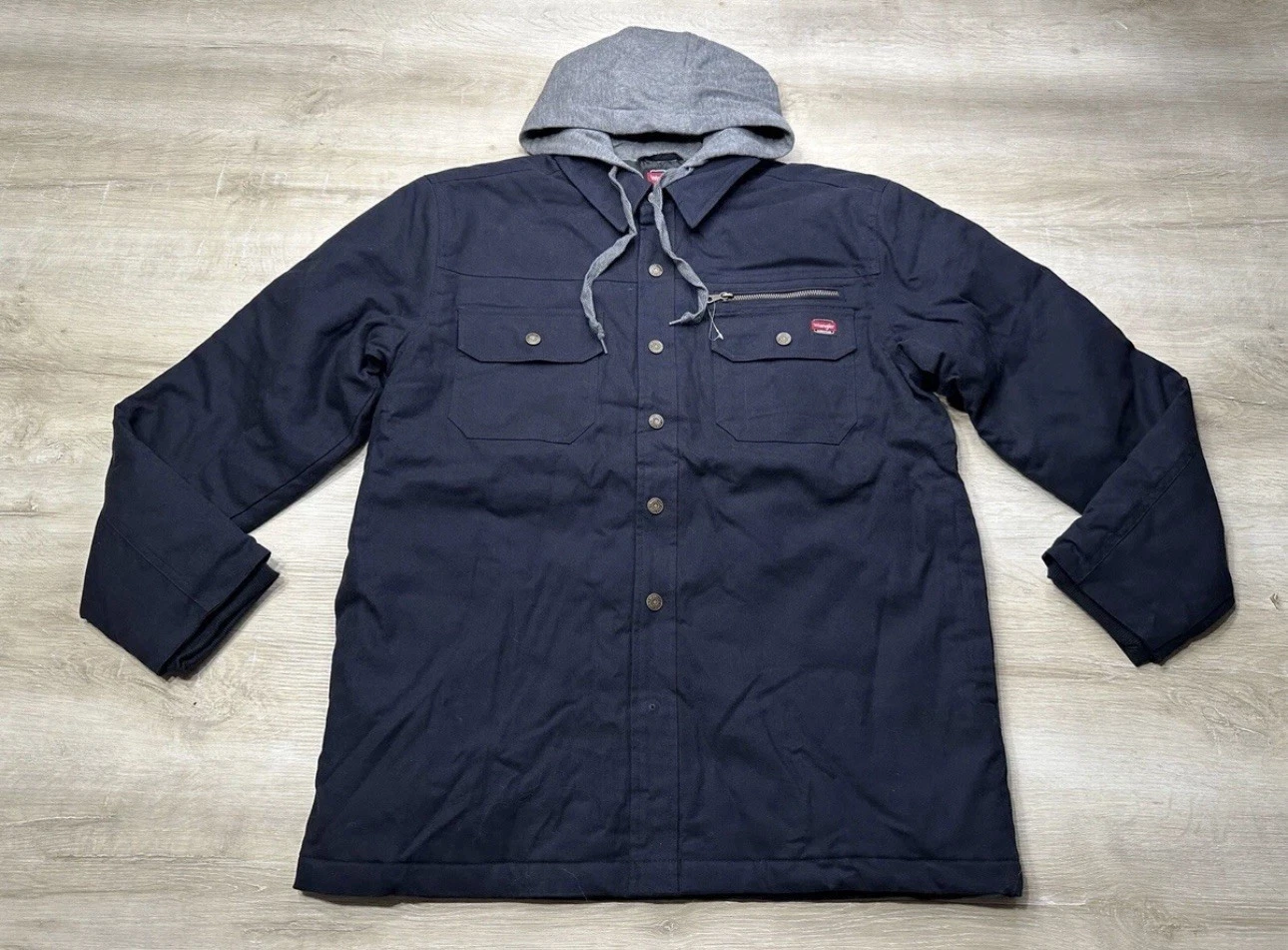 NWOT Wrangler Workwear Mens Jacket Blue M Insulated Sherpa Hooded Duck Shirt