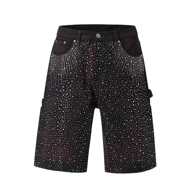 Men's Streetwear Diamond Ripped Denim Shorts Rhinestone Loose Fit Bermuda Shorts