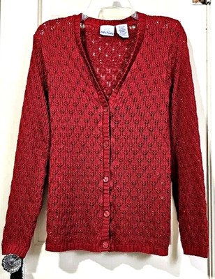 FLASH SALE! VTG Bobbie Brooks Button Cardigan Sweater Large WINE RED Open Knit