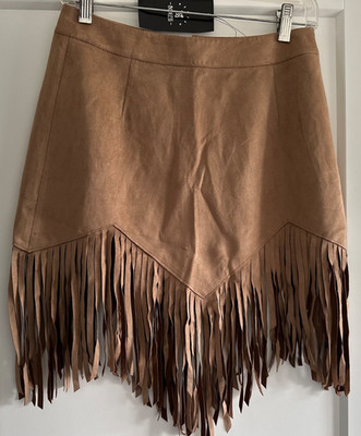 Relish NoLess Women's Faux Suede Fringe Mini Skirt ~ Tan ~ Size Medium ~NWT