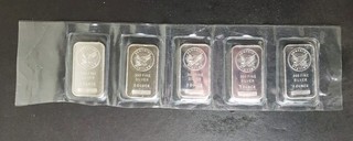 Five Sunshine Minting 1oz Silver Bars in Plastic