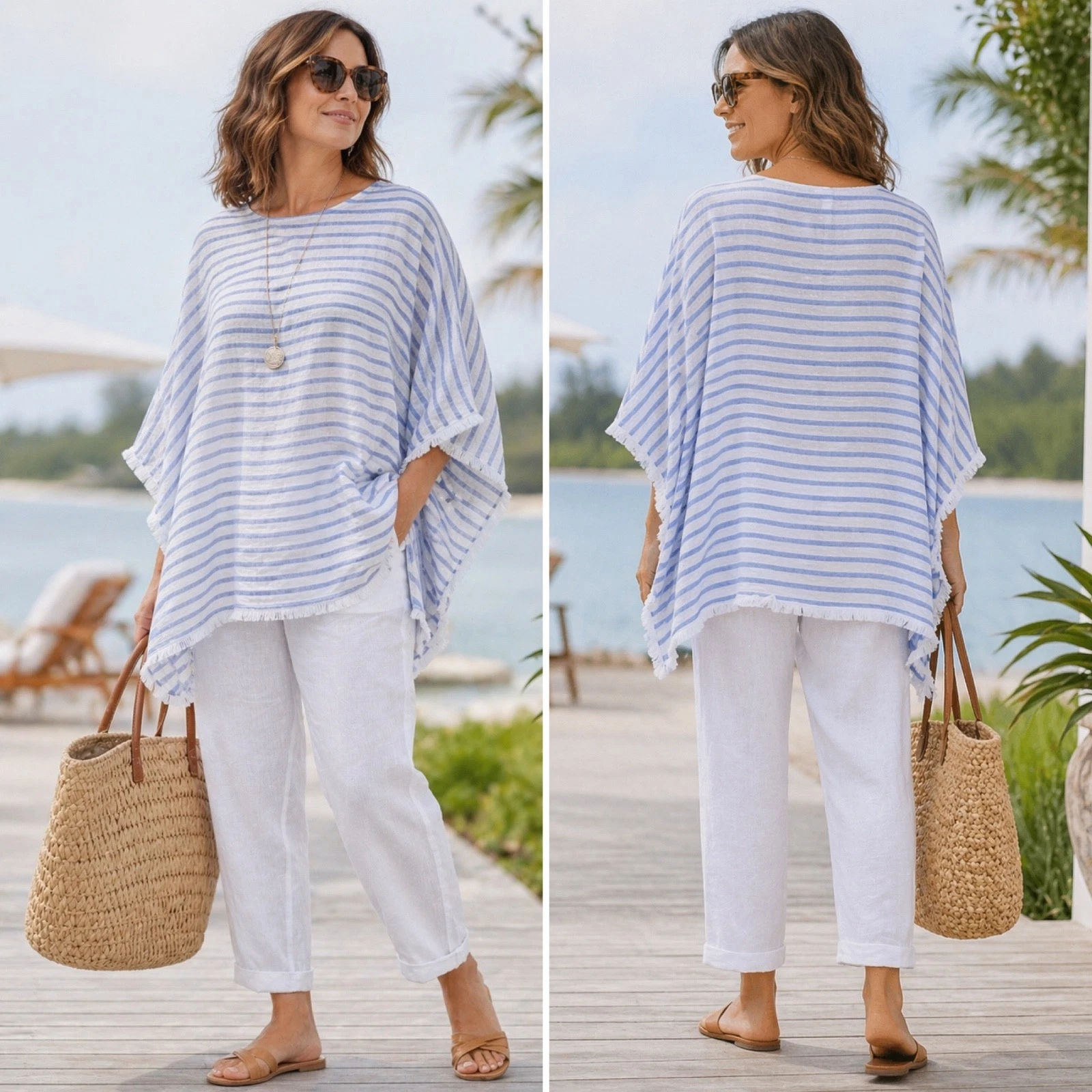 J Jill Linen Poncho Top M L Blue White Stripe Fringe Eyelash Tunic Lightweight