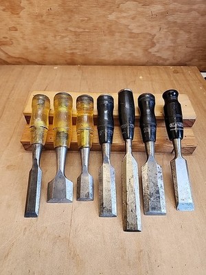 Vintage 7 STANLEY Wood Chisels Yellow & Black Handles 3/4'', 1'', 1 1/2'', & 1 1/4''