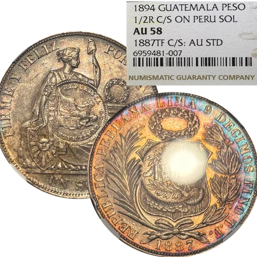 1894 Guatemala Peso 1/2 Real Counterstamp On 1887 Peru Sol NGC AU58 Silver Coin