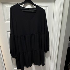 Black Layered Mini Shift Dress XL V-Neck Balloon Sleeve 100% Dacron Short