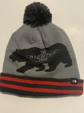 The North Face Juniors Bear Winter Beanie Hat W/ Pom Gray W/ Red Stripes Be10