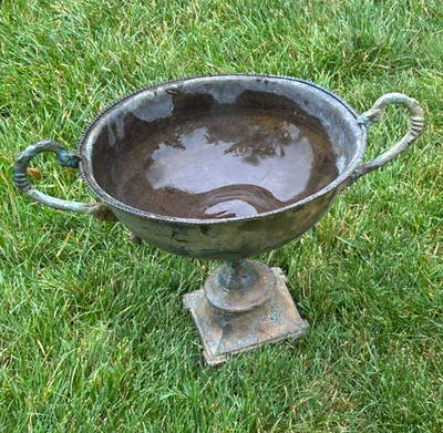 Antique BRONZE COPPER SILVER PLATED METAL CEMETERY URN Oxidized Planter Birdbath