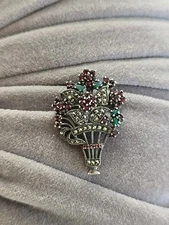 Marcasite 925 Bejeweled Floral Bouquet Basket Pin Or Pendant Red & Green Gems