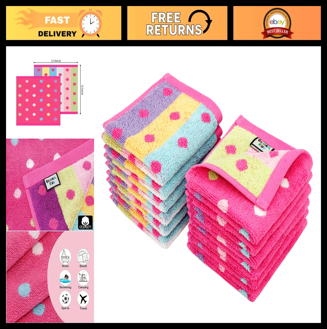 Soft Cotton Kids Washcloths Set of 12 - Colorful Absorbent Quick Dry Face Towels
