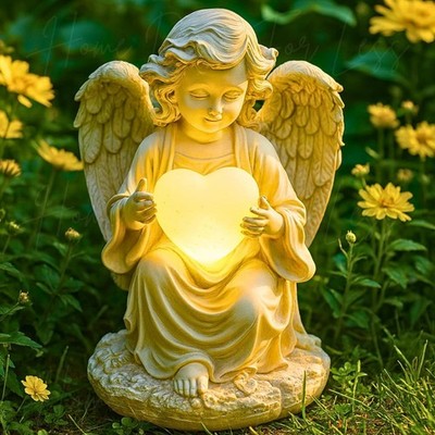 Solar Angel Garden Statue Holding LED Lighted Heart Outdoor Memorial Yard Decor