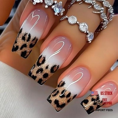 False Nails Press on Nails Long Length Artificial Coffin Nails Leopard French