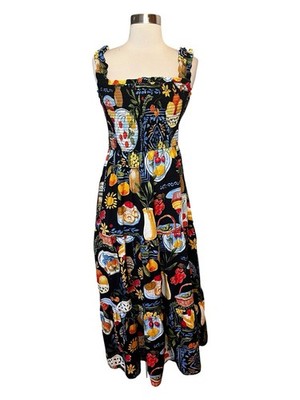 August Sky Tiered Midi Dress M Square-Neck Petite Blue Smocked Printed