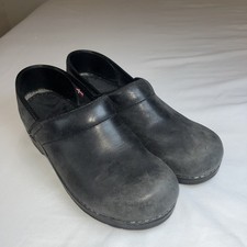 Sanita Black Leather Slip On Shoes Original Danish Nursing Clogs Size 38/7.5
