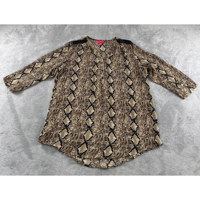Max & Co Womens 1X Snakeskin Print Blouse Brown Faux Leather Epaulets 3/4 Slv