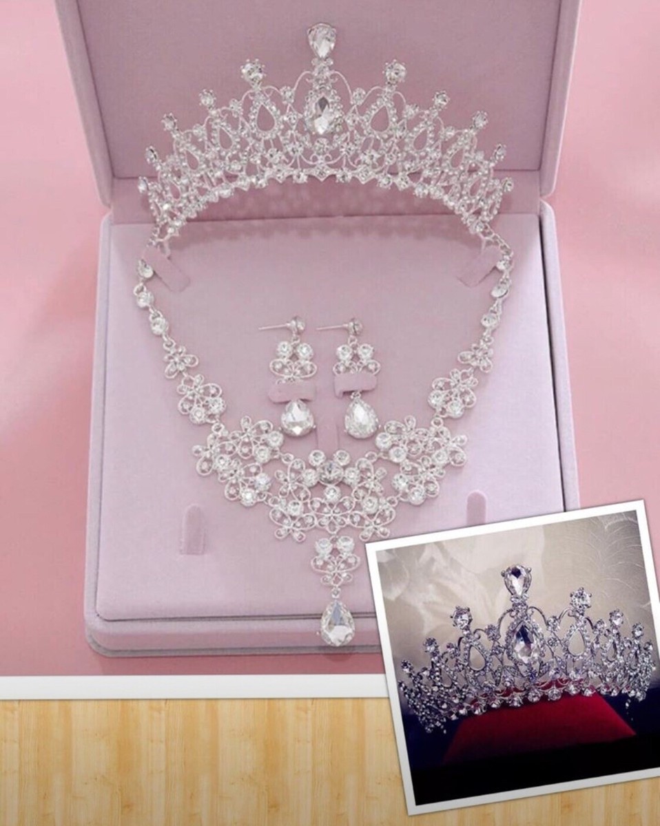 Wedding Bridal Crystal Rhinestone Necklace Earrings Crown Tiara