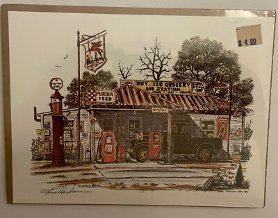 Vintage Mobilegas Service Station 6 x8  Lithograph Signed Al Richardson Print