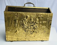 Vintage Embossed Repousse Colonial Kitchen Scene Brass Covered Magazine Rack
