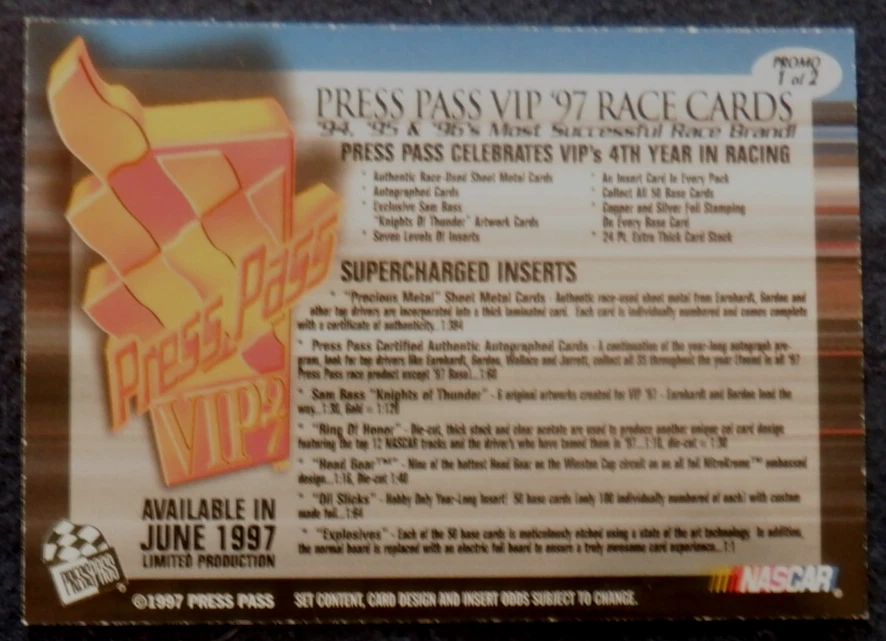 Dale Jarrett race card #1 of 1 promo Press Pass VIP, 1997 - Image 2 of 4