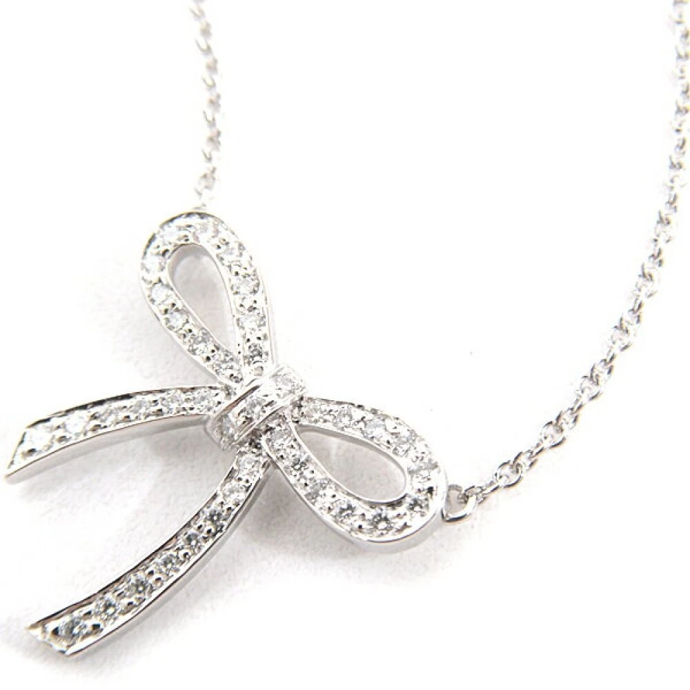 Tiffany & Co. Diamond Bow Necklace Ribbon Pendant Platinum 16in