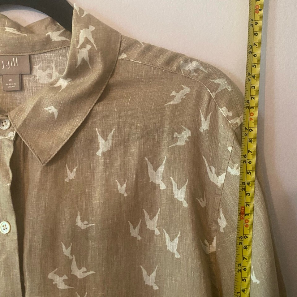 J. Jill Women's size XL Tan Birds 100 Linen Button Down Lightweight