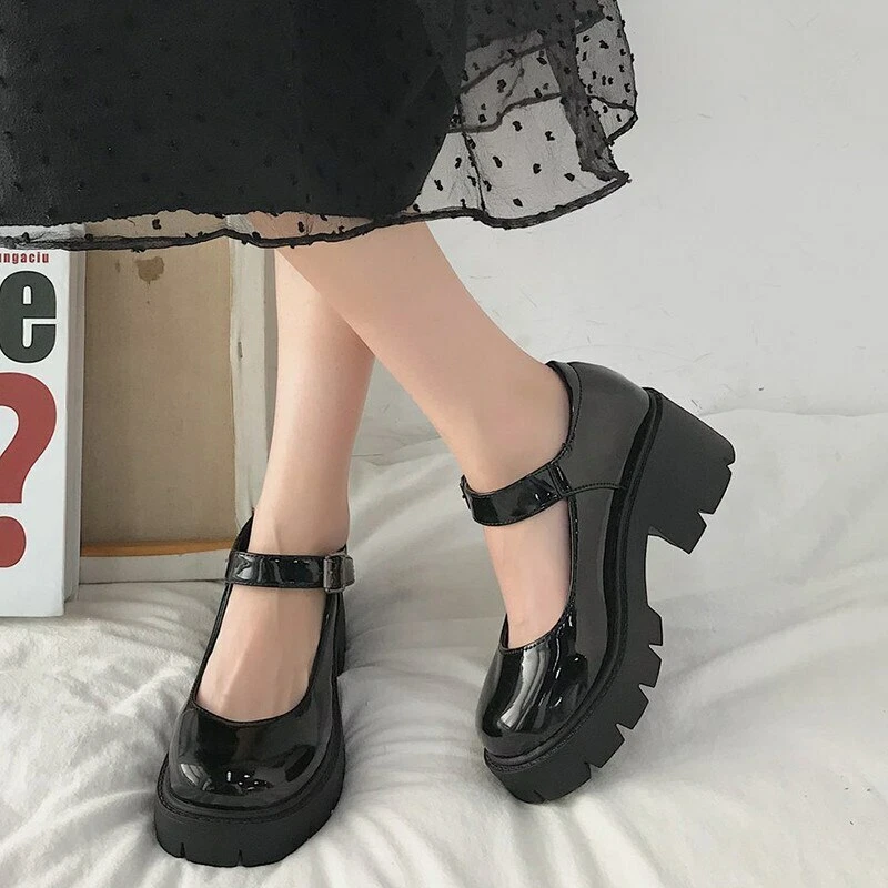 Zapatos Negros De Cuero De Tacón Grueso Alto Para Mujer Sandalias De  Plataforma