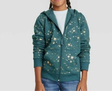 Girls Long Sleeve Hoodie Jacket Dark Teal Star Printed Zip Up Fleece XXL 18 NWT