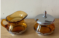 Farber Bros- Krome Kraft- Sahne Zucker Set- Bernstein Cambridge Glas- ArtDeco