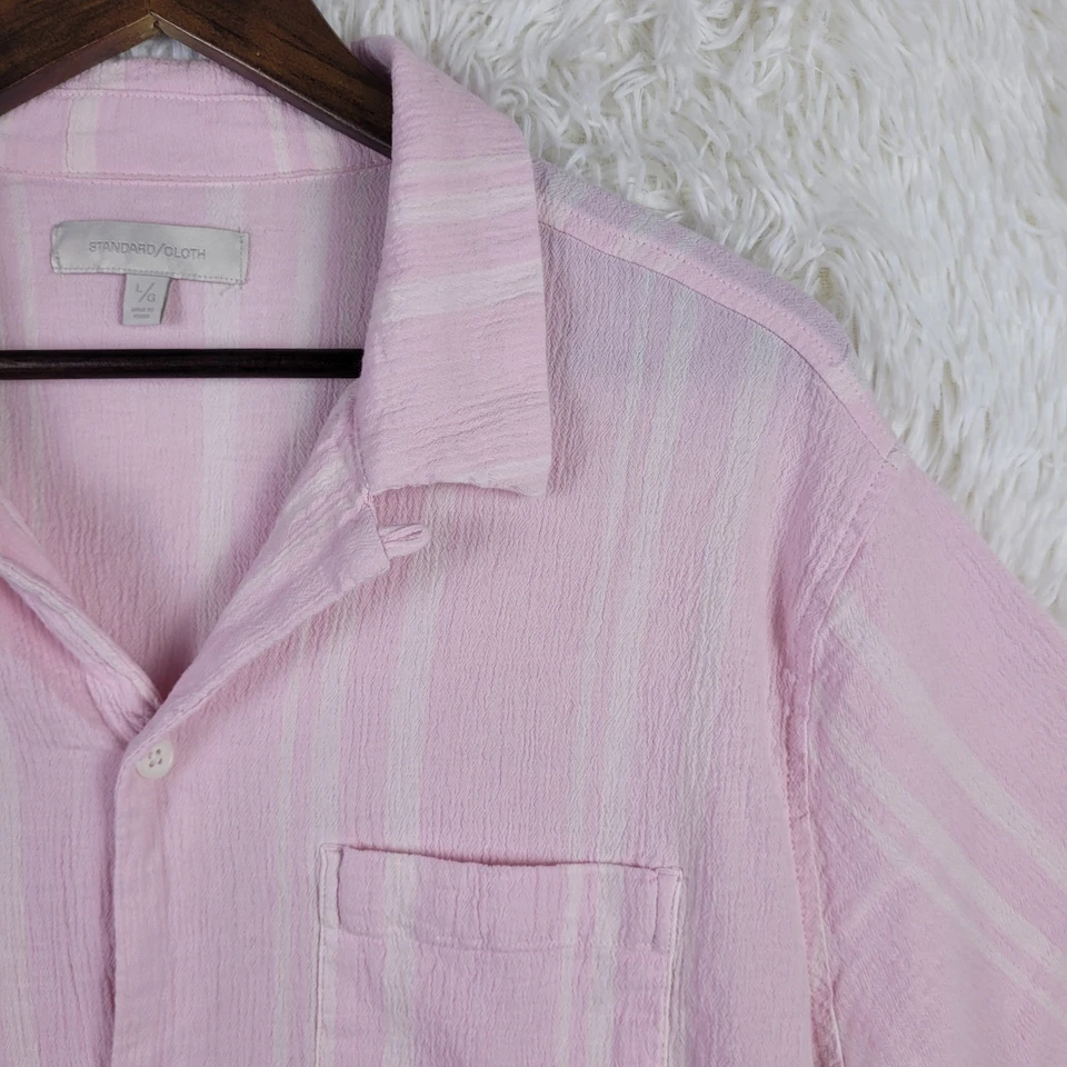 Standard Cloth Urban Outfitters Liam Crinkle Men Button Up Pink Stripe L Gauzy - Image 2 of 4