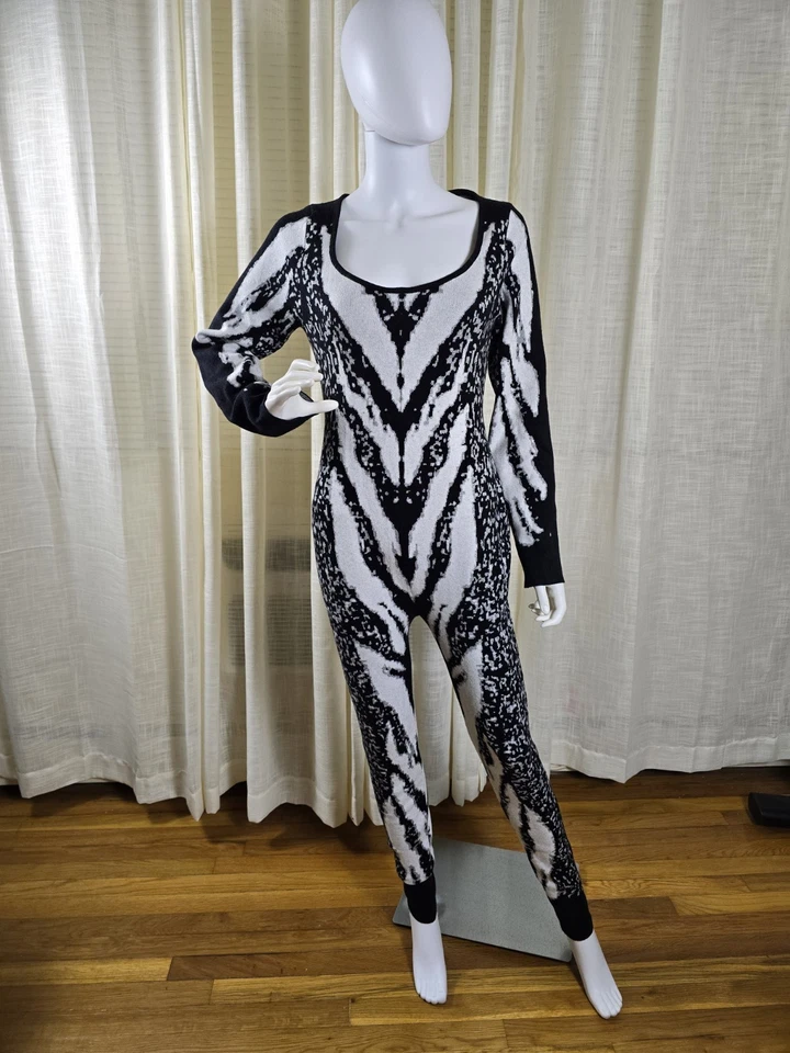 Women's Knit Zebra-Print Long sleeve Jumpsuit Black And Whirte Abstract Sz L - Image 2 of 4