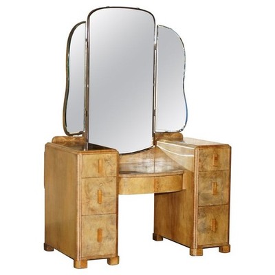 SCHÖNER ART DECO UM 1930 SATINIERTER NUSSBAUM SCHMINKTISCH + SPIEGEL TEIL DER SUITE