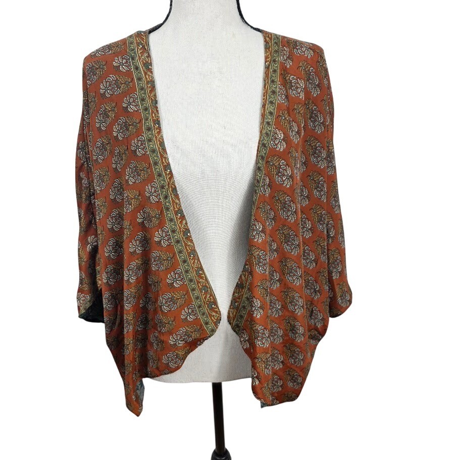 Silk Kimono Reversable Top Womens OS  Paisley Open Front Cardigan Wrap Boho