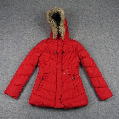 VINTAGE Dollhouse Coat Womens XS Red Faux Fur Hooded Quilted Puffer Jacket Y2K