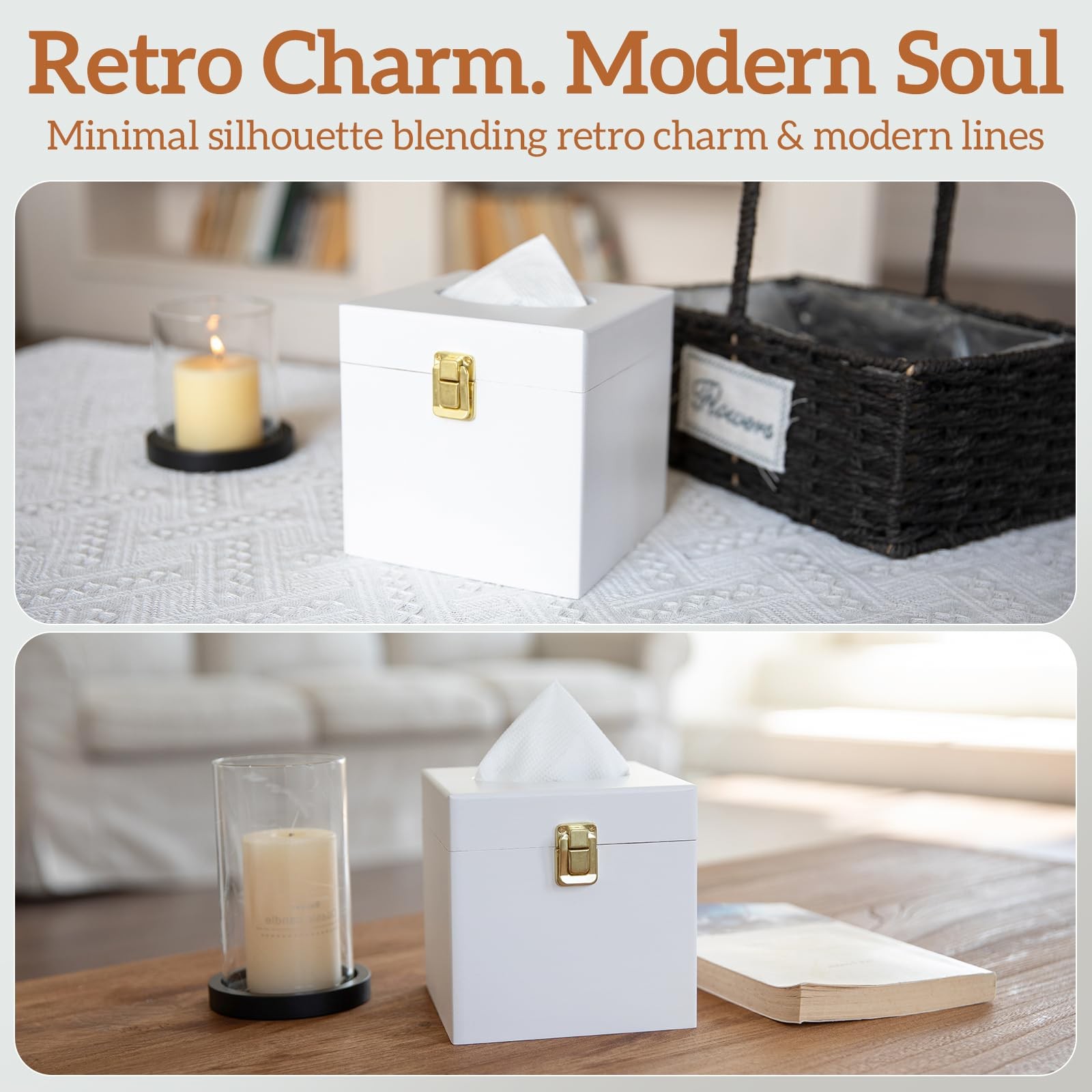 White Wooden Tissue Box Cover Square Bathroom Decor Toilet Paper Holder Count...