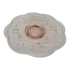 Vintage 3 Footed Pink Depression Glass Platter  13.5”  Etched Floral & Wheat