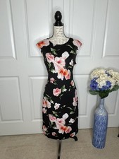 Vince Camuto Black Floral Midi Sheath Dress SZ 16 B10