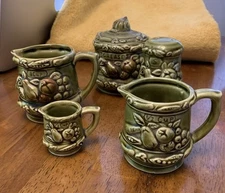 VINTAGE Tilso Ceramic Avocado Green Grease Jar , salt, cups set Japan MCM