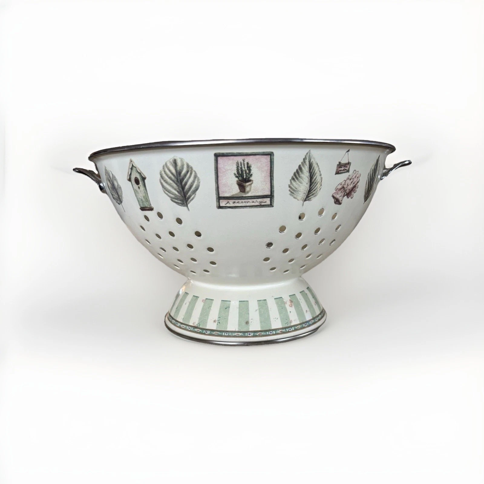 ENAMEL COLANDER 11" Large Green Leaf Garden Print Stainless Handles Rim